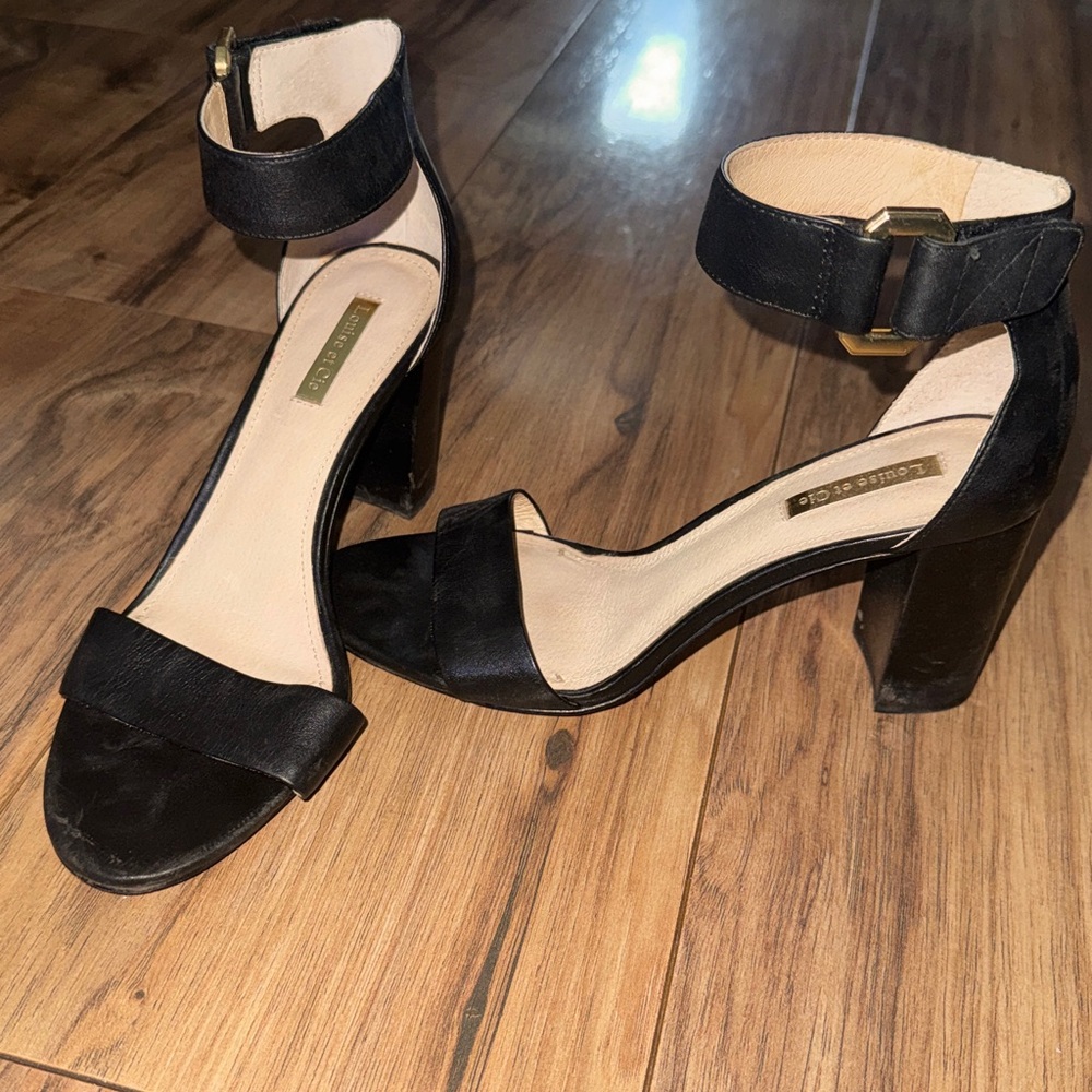 Louise et Cie Black Leather Ankle-Strap Block Heels